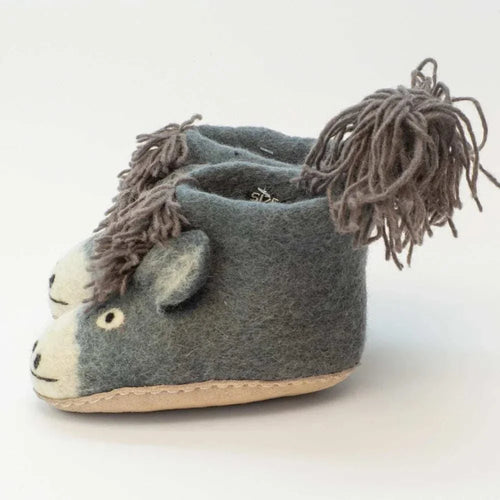 Esel - handgemachte Filzpantoffeln Kinder in grau mit Esel-Design und Quasten, handgefertigt aus Premium-Wollfilz.