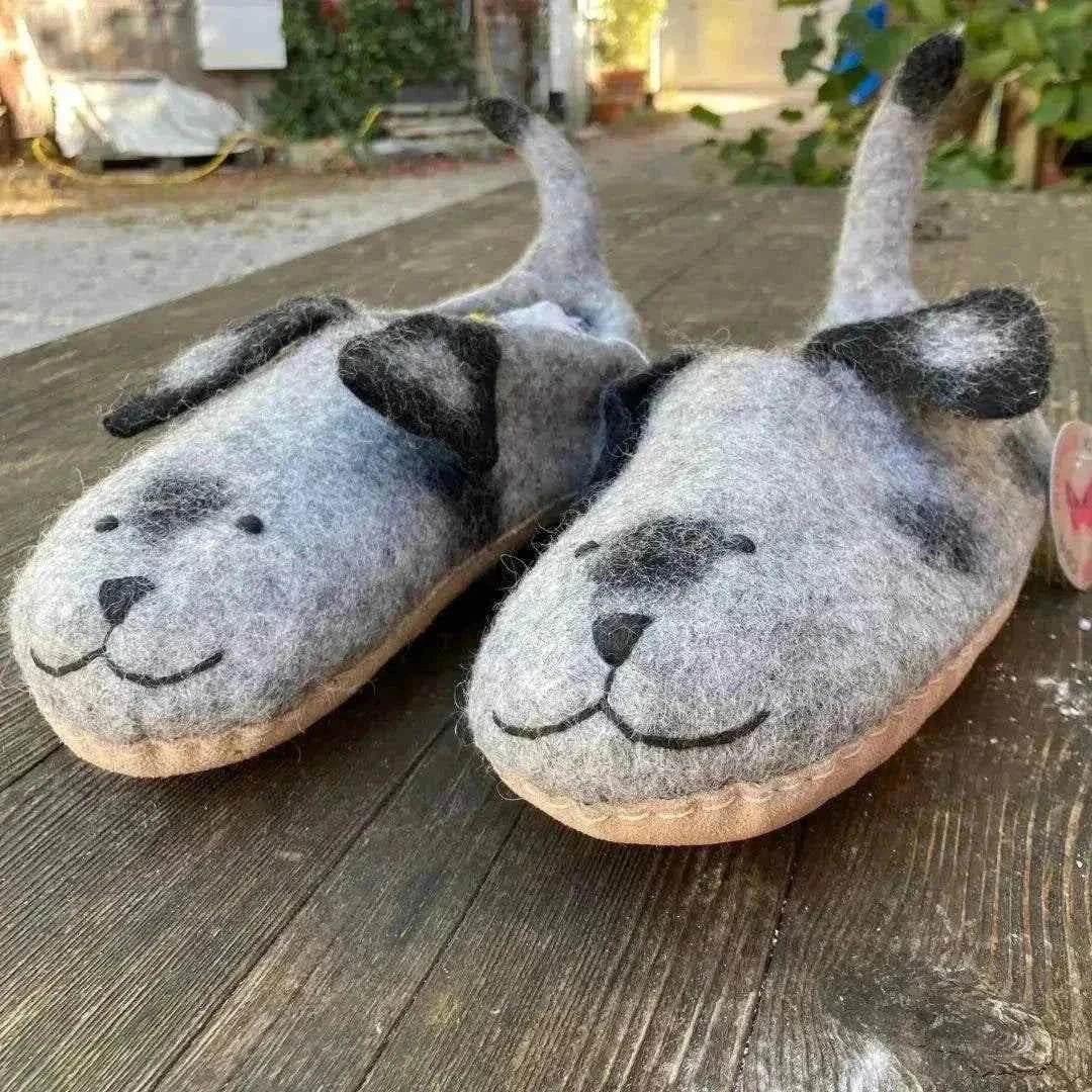 Hunde - handgemachte Filzpantoffeln Kinder - mit rutschfester Leder-Sohle aus 100% Premium-Wollfilz