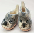 Huskies - handgemachte Kinder Filzpantoffeln Wolf in grau mit niedlichem Wolfsgesicht-Design.