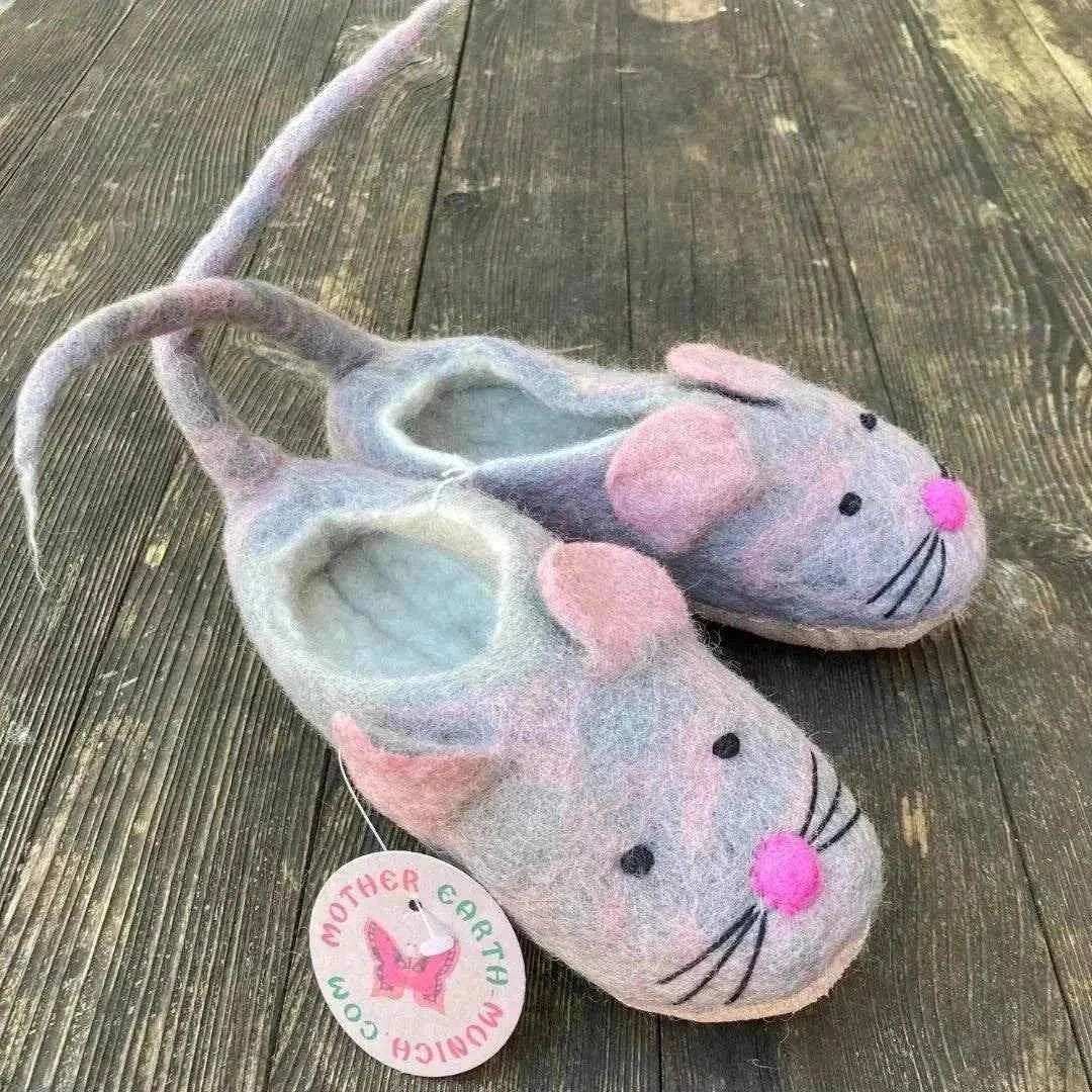 Mouse - Hand felted felt slippers for children Felt slippers in the shape of gray-pink mice, cozy and sustainable.